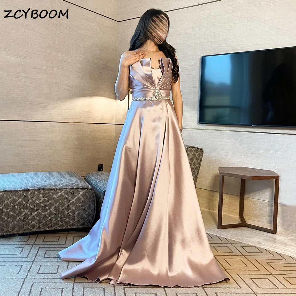 

Customized Blush Pink Strapless Satin A-Line Evening Dresses 2025 Sparkling Crystals Beading Floor Length Formal Party Prom Gown