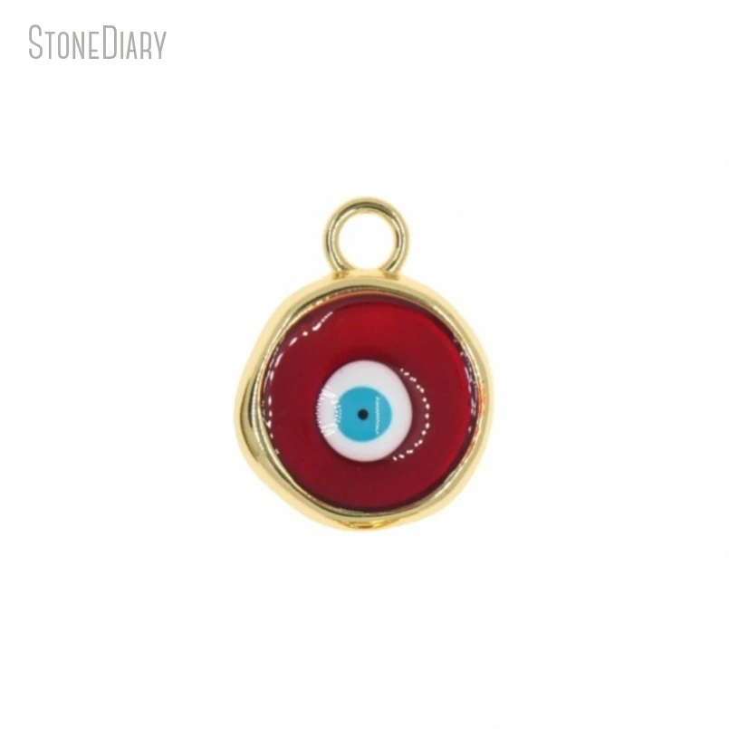 

10Pcs Wholesale Jewelry Turkish Round Coin Shape Evil Eye Circle Red Gold Color Copper Pendant PM50540