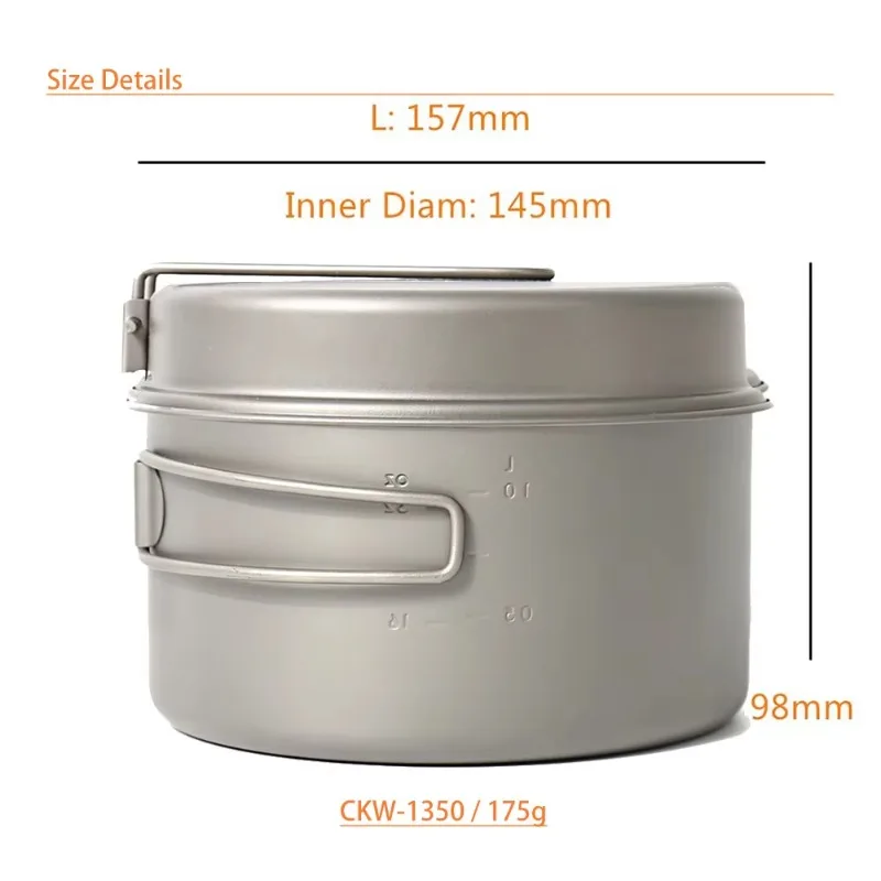 TOAKS Titanium Camping Pot Cookware, 1350ml Pot for Outdoor Hiking Picnic CKW-1350