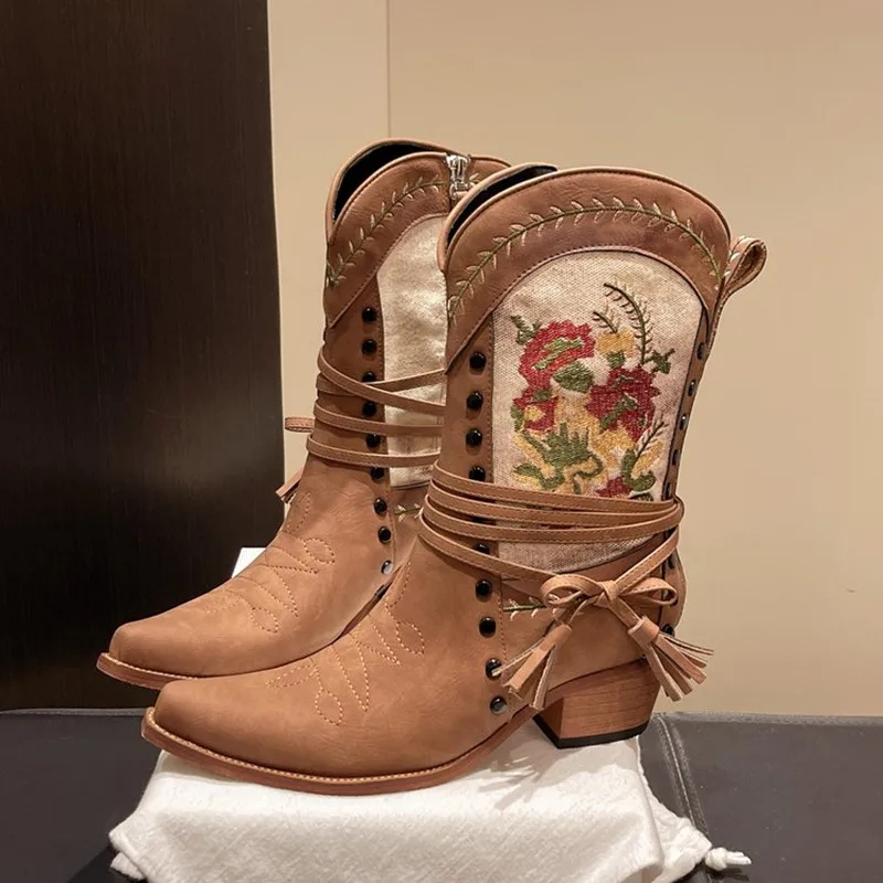 

Брендовые ковбойские сапоги в этническом стиле в стиле ретро, ботинки на среднем каблуке с вышивкой и принтом, женские тонкие ботинки на массивном каблуке с острым носком и боковой молнией, Botas Mujer