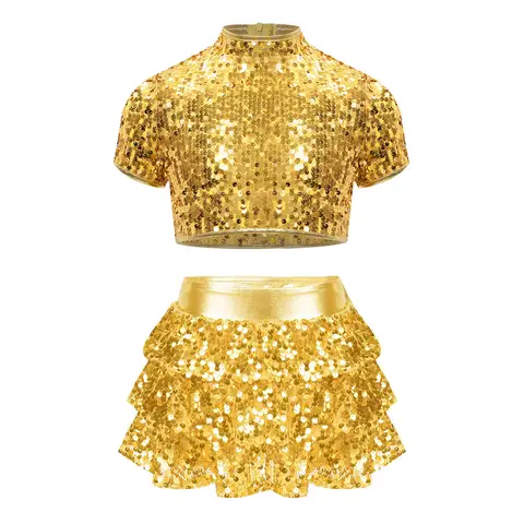 Kids Girls Latin Jazz Dance Sets Sequins Crop Top with Tiered Ruffle Skirt Outfits for Gymnastics Dancing Performance Costumes