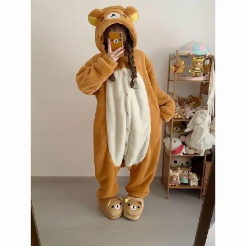 Cute Cartoon Bear Onesie Women Winter Thick Coral Fleece Hooded Jumpsuit Warm Fluffy Animal Home Sleepwear Festival Gift