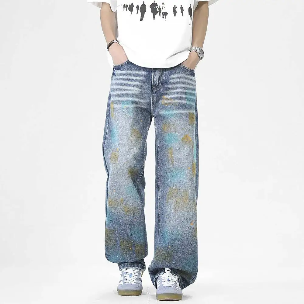 Men's Distressed Jeans Light Blue Washed Ink Splash Colorful Graffiti Loose Wide Leg Casual Streetwear Denim Trousers S53H