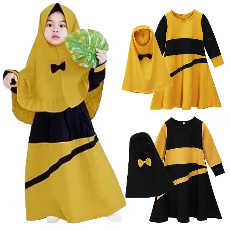 Islamic Muslim Prayer Dress Abaya for Girls Baby Kids 1-10Y Arab Middle East Ramadan Clothes Black Yellow Contrast Color 2pc Set