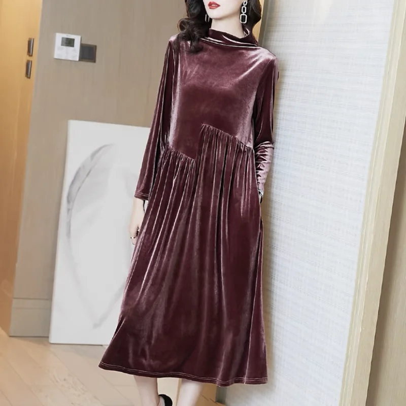Sukienki damskie jesienno-zimowe z aksamitu, golf, długa sukienka maxi z weluru, eleganckie sukienki na wiosnę 2025 z falbanami i plisami, sukienka na przyjęcie, Vestidos
