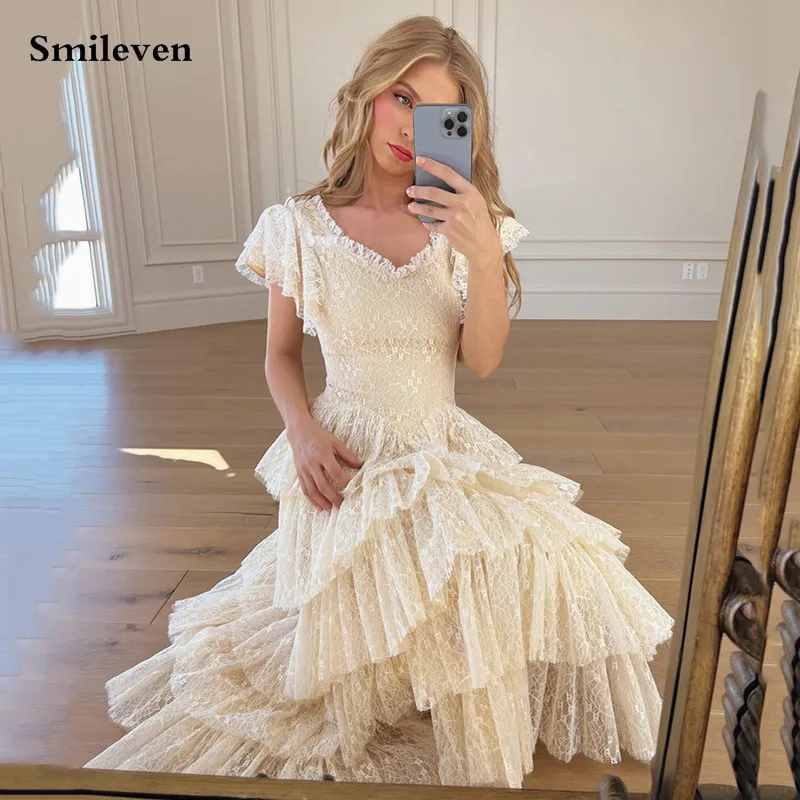 

Smileven A Line Lace Wedding Dress V Neck Cap Sleeves Bride Dresses Elegant Tiered Vestido de novia formal occasion dresses