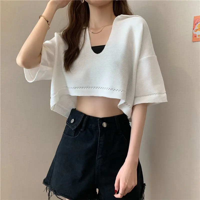 Women Summer Loose Thin Knit Short T Shirts Mini Black Slim Dress Two Piece Set 2024 Korean Lady Pink Crop Tops Camisole Outfits