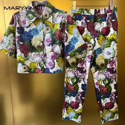 MARYYIMEI Spring Summer Women's Pure cotton Three styles Suit Top Pencil Pants Floral print Holiday Two Pieces Set