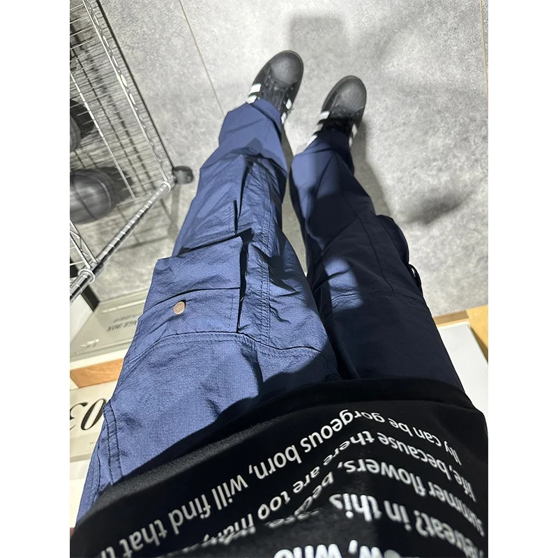 

Blue Straight Leg Workwear Trousers Loose Fit Multiple kets Summer Casual Loose Trousers for Men Retro High Street Vibe