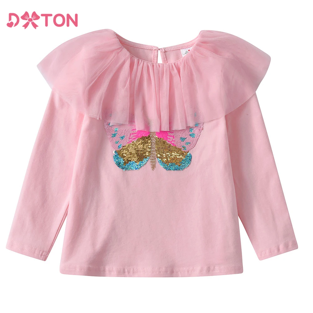 

DXTON Long Sleeve Kids T-shirts Spring Autumn Toddler Casual Costumes Pink Soild Girls Tops Mesh Patchwork O-neck Children Wear