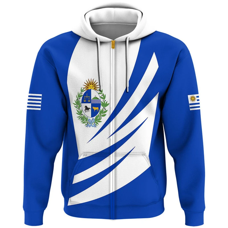 2024 Spring Autumn Daily Sportswear Zip Up Hoodies Street Uruguay Emblem Flag 3D Printing Oversized Hooded Sweatshirt Pullovers