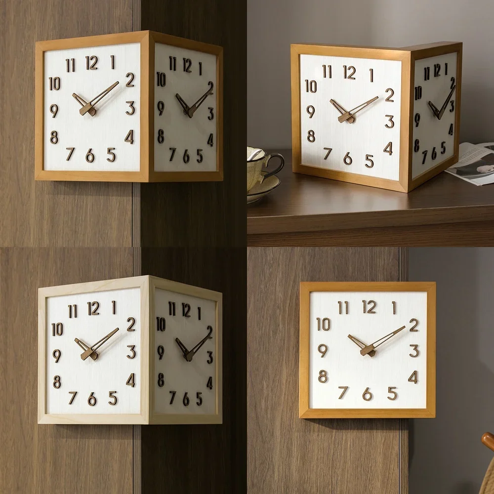 Wooden Double Sided Wall Clock for Living Room Corner Modern Minimalist Retro Style Clock