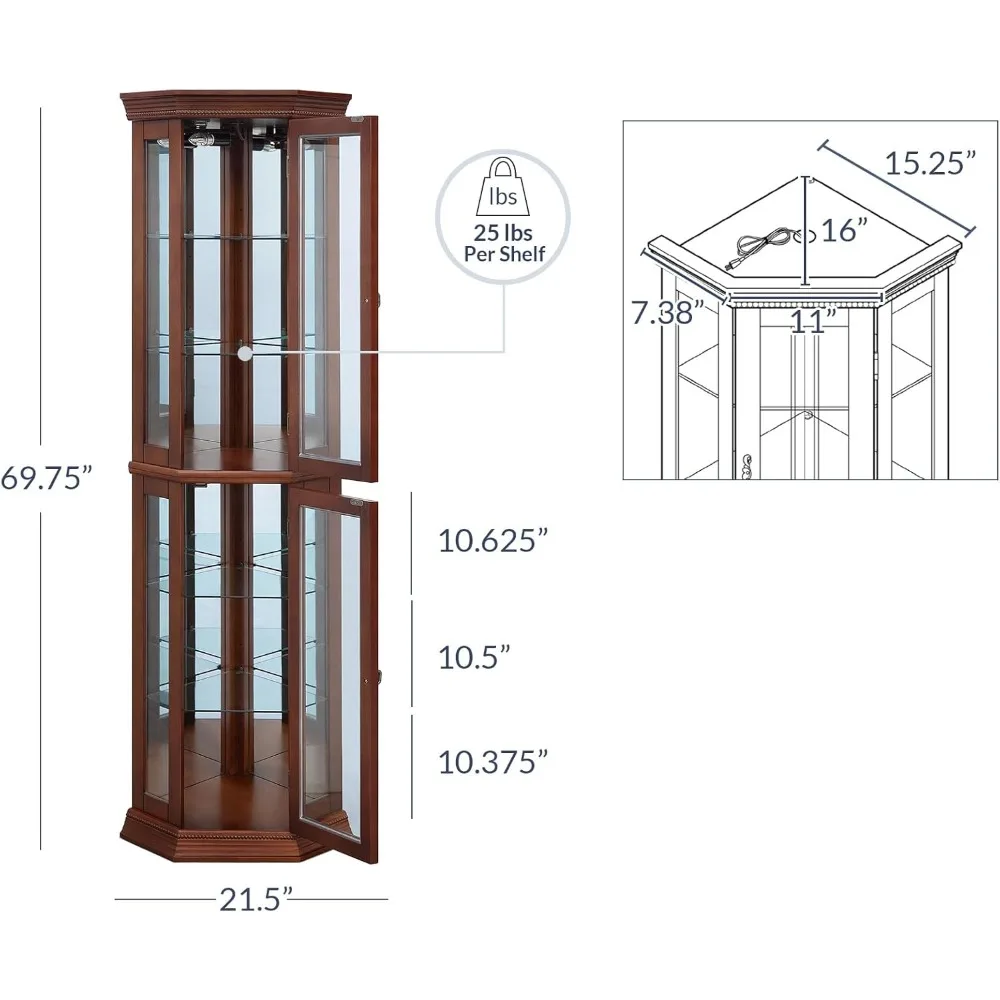 US Wooden Corner Display Curio Cabinet, Two Section Shelving Unit with Tempered Glass Door Bar and Liquor Storage Area with