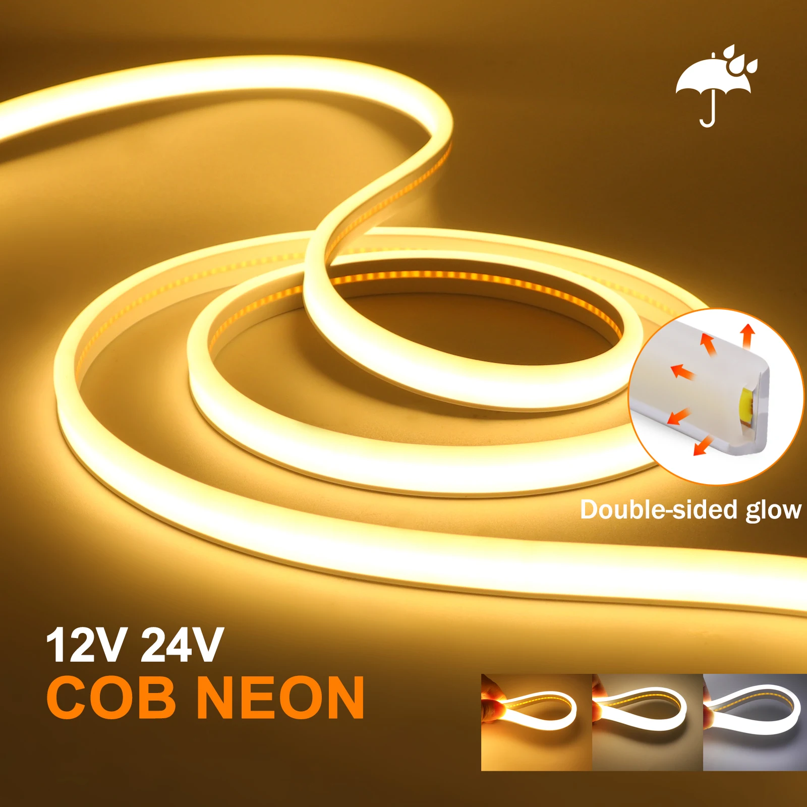 

LED Strip COB Neon Light 12V 24V Front+Side Glow Flexible COB LED Tape 320LEDs High Density Linear Light Waterproof LED Ribbon