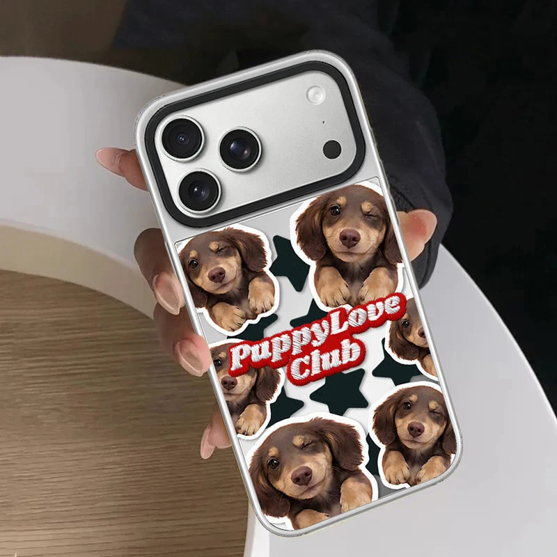 Dog Stickers Silver Border Mirror Surface Magnetic Phone Case Cover for IPhone 12 13 14 15 16 17 Pro Max Case for IPhone 17 Air