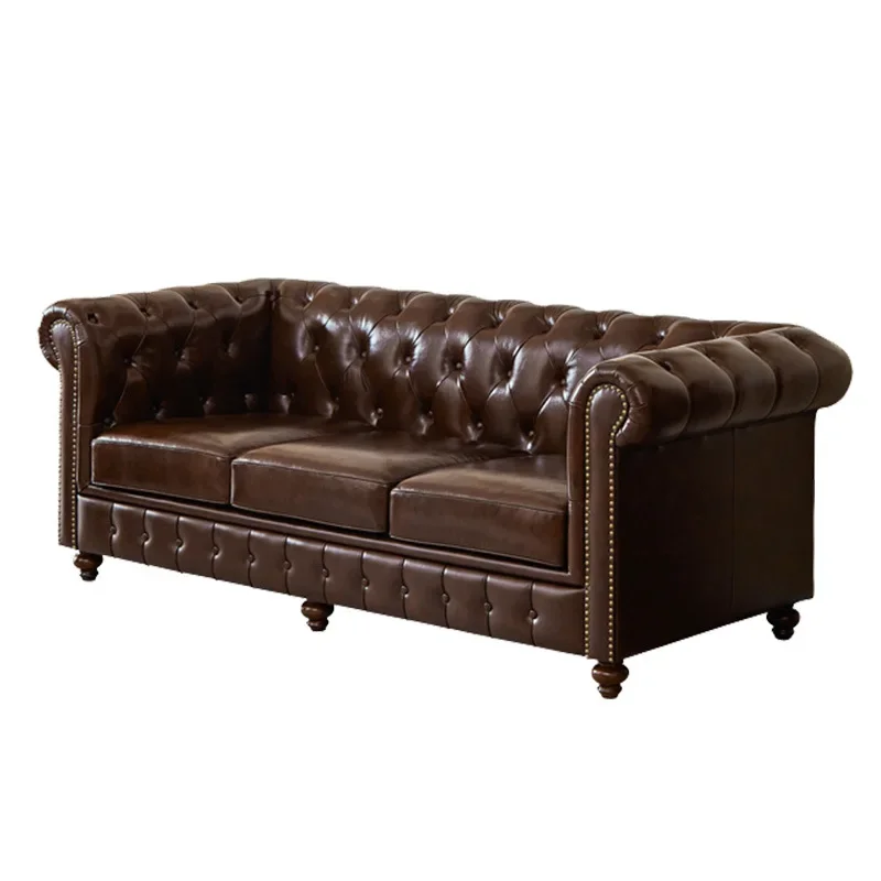 

American leather sofa, straight row three-person solid wood sofa