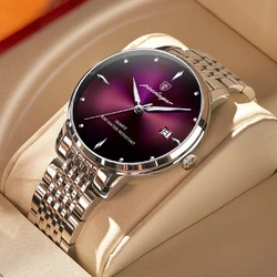 POEDAGAR Purple For Man Watch 3ATM Waterproof Luminous Week Stainless Steel Men Watch Casual Quartz Men's Watches Male Clock+box