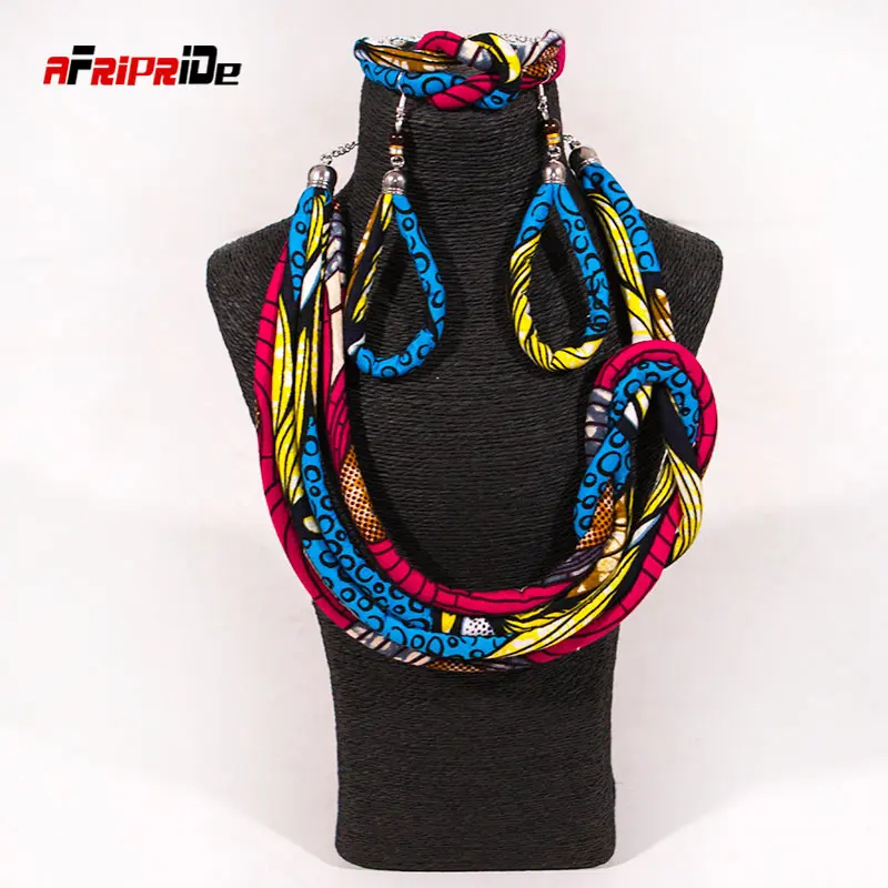 New Ankara Fabric Set Side Knot Necklace,Bracelet and Earrings 3 Pieces Afrocentric Necklace Asymmetric Necklace  WYB203