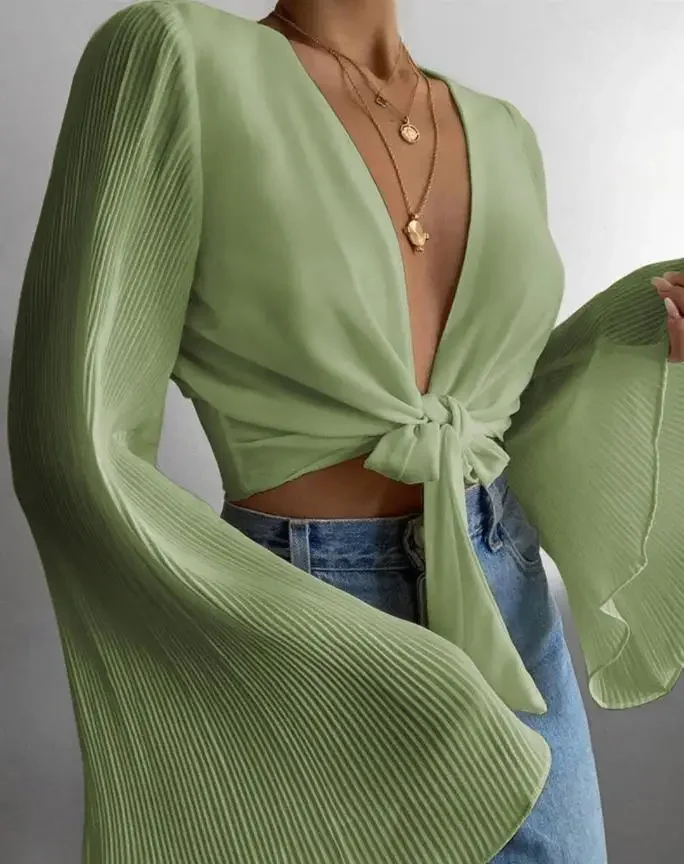 Sexy Tops Women 2024 Trendy Fashion Tied Detail Bell Sleeve Top Plunge Long Sleeve Plain Casual Blouses Female clothing