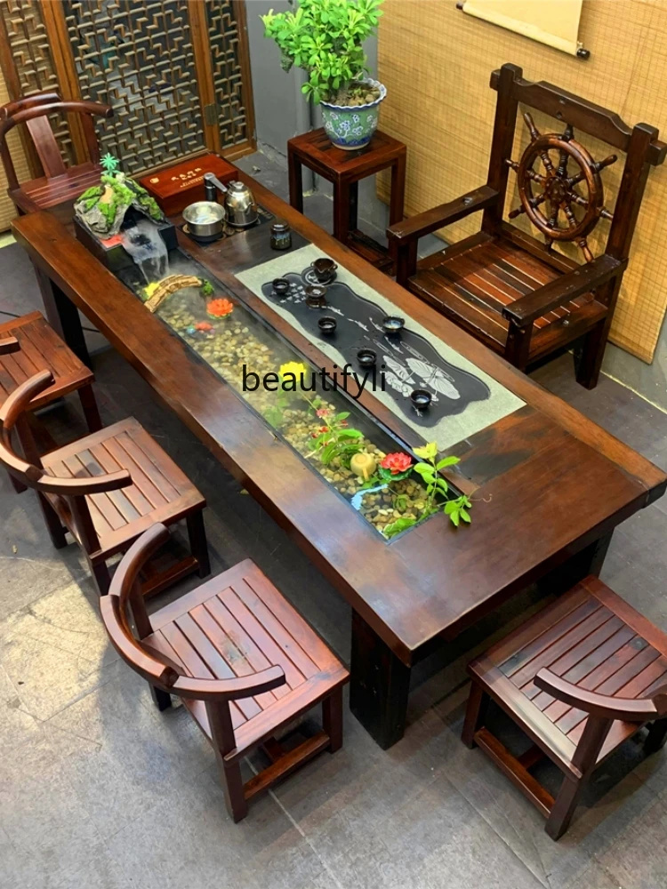 Old Ship Wood Table-Chair Set Circulating Water Fish Farming Tea Table Kung Fu Tea Table Integrated Square