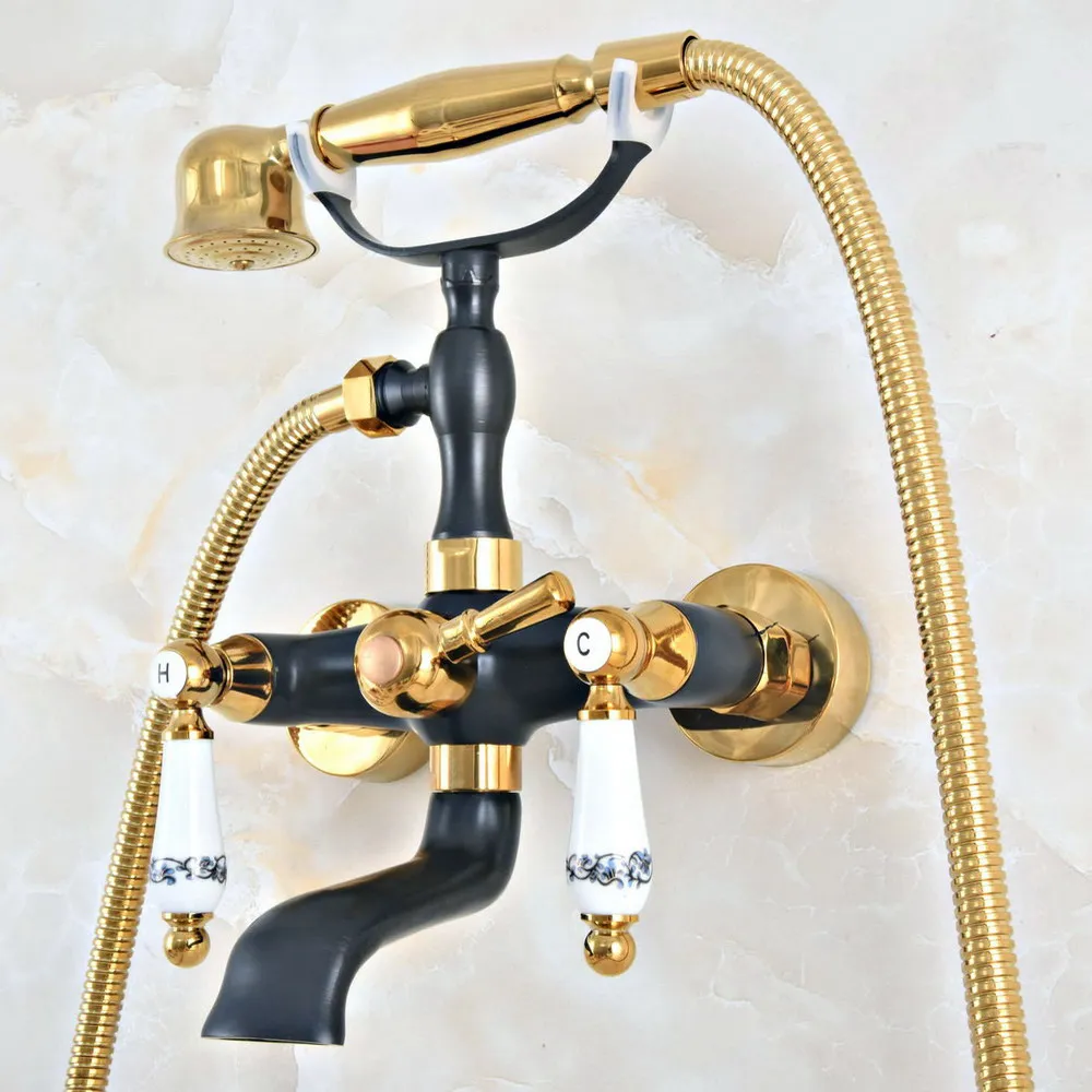 

Wall Mount Black & Gold Color Brass Clawfoot Bathroom Bathtub Faucet Handheld Shower Mixer Tap Lna415