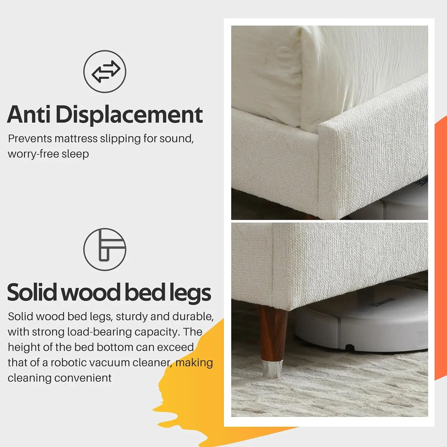 Queen Size Upholstered Platform Bed Frame with Wood Trim Headboard | Cream Queen bed frame/Linen Fabric, Customized - view 6