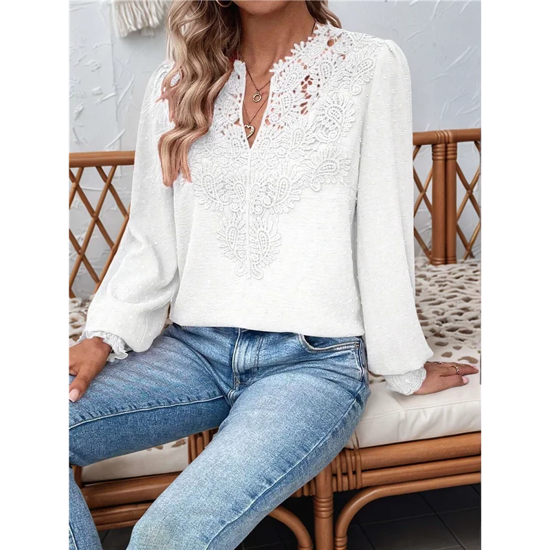 

CGS-Womens V Neck Boho Long Sleeve Shirts Dot Chiffon Blouses Flowy Lace Crochet Clothing Casual Trendy