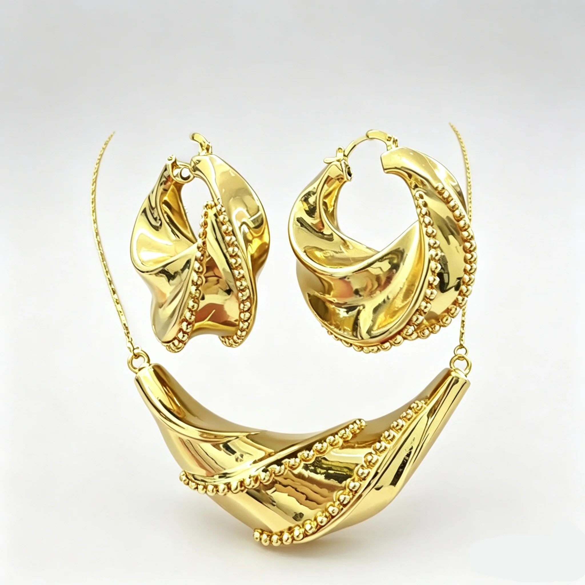 Curved Bib Jewelry Set for Women Sculpted Twisted Beaded Edge Pendant Necklace Large Hoop Earring Wedding Banquet Statement Gift
