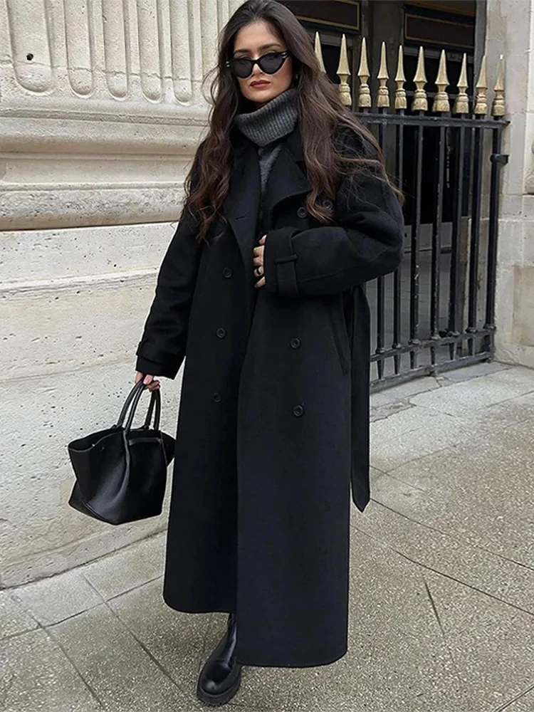 Straße Schwarz Lange Trenchcoat Mit Gürtel Frauen Lose Revers Zweireiher Volle Hülse Mantel Herbst Winter Dame Outwear