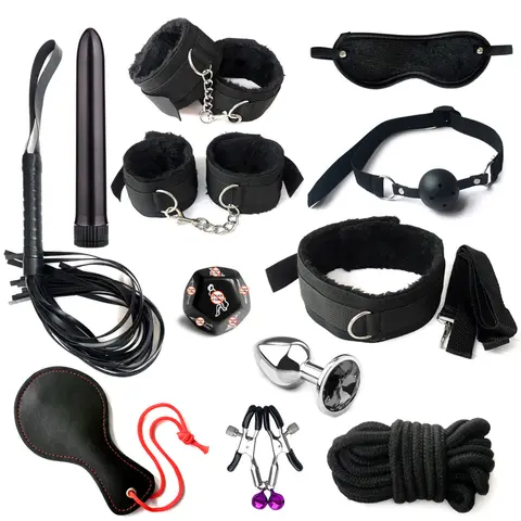 BDSM Adult sexxy Toys For Women Handcuffs Whip Anal Nipple Clamp Blindfold Strap On Vibratorr sexx Bondage Set sexxual Couples Kit18