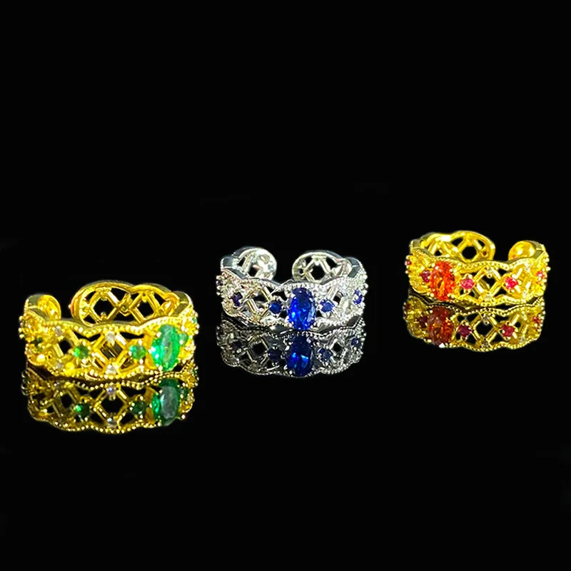 MDL مويسانيتي 1 نمط الدانتيل المجوف تقليد خاتم الزمرد مطلية بالذهب بيضة الحمام الخفيفة الفاخرة المفتوحة البنصر الإناث #1