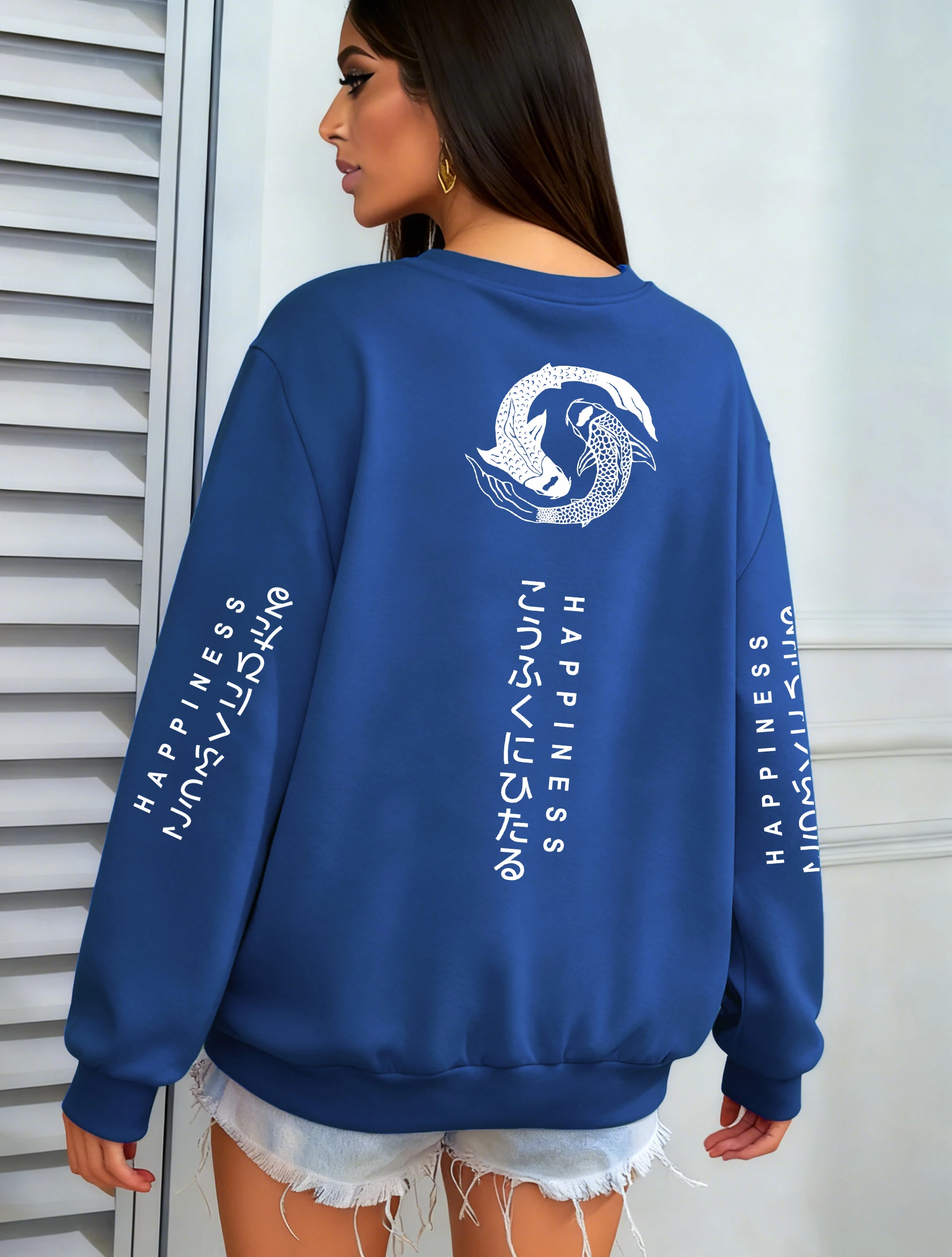 

Женский пуловер с принтом Two Koi Carps Of Happiness, свободная уличная одежда с круглым вырезом, повседневная осенняя одежда, флисовая универсальная толстовка