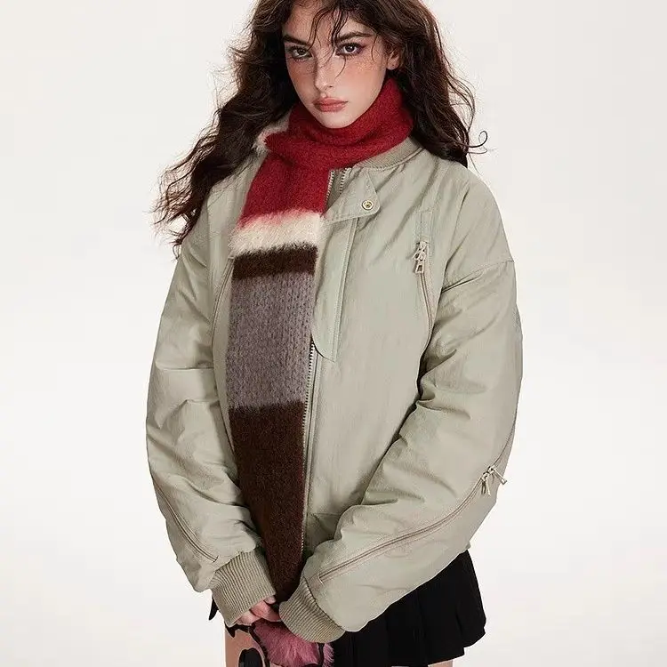 

Женская бейсбольная куртка, винтажная куртка-пилот, короткое стильное пальто с несколькими молниями, большое пальто в американском стиле ретро