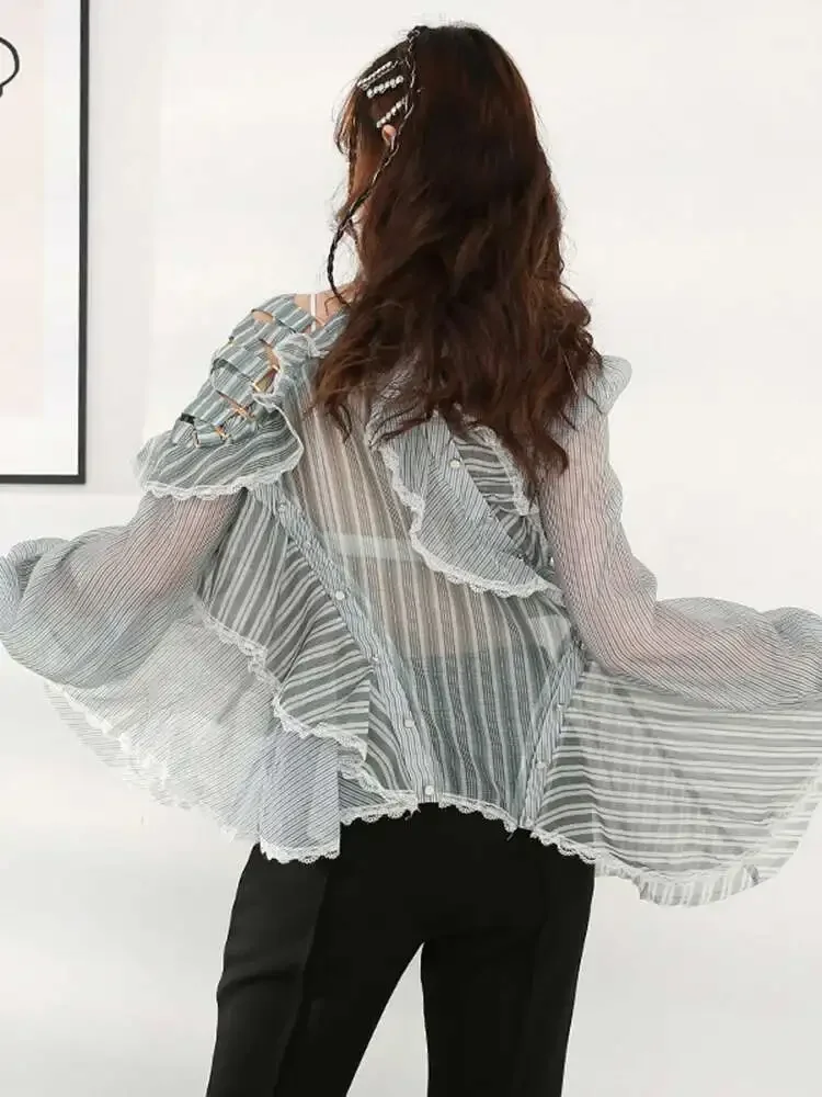 Sukienka damska asymetryczna z kokardą z organzy, metalowym guzikiem, na wybieg, nowa, stójka, długi bufiasty rękaw, moda jesień 2025, jesień 2025 2F0289