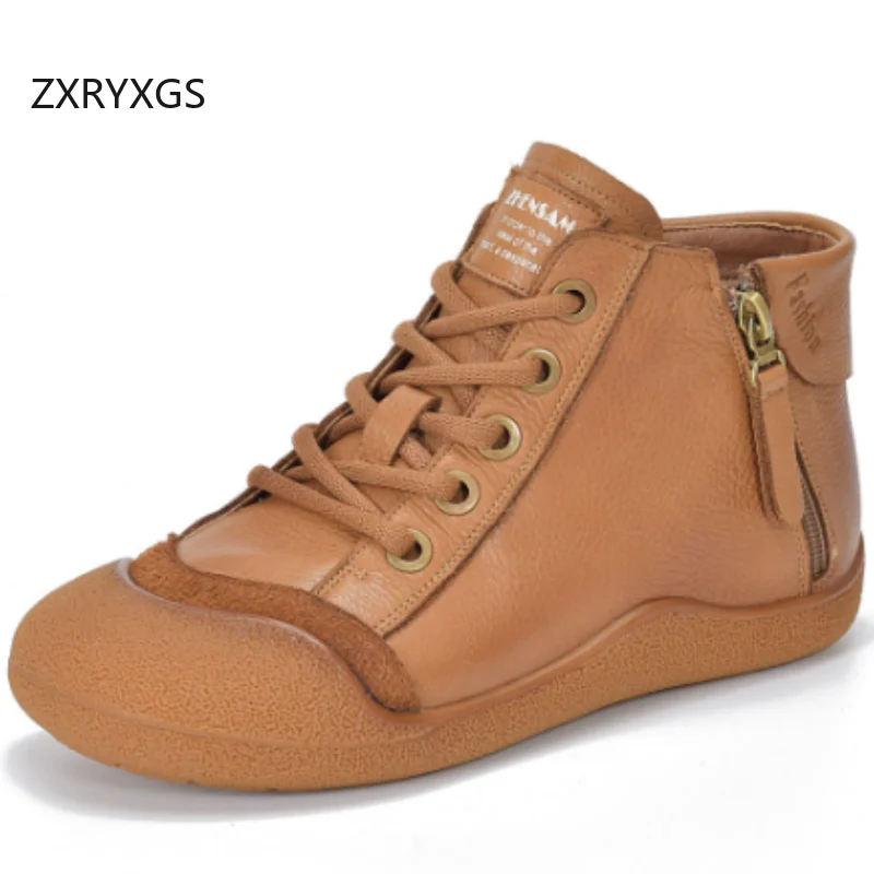 ZXRYXGS Top Cowhide High Top Sneakers Trend Boots 2026 Autumn Full Real Leather Shoes Women Comfort Soft Flat Stylish Sneakers