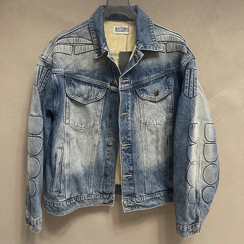 27FW Men High Quality Stitching Patchwork Moto Denim Jackets Satoshi Nakamoto New 3D Embossed Padded Appliques Geometric Coat