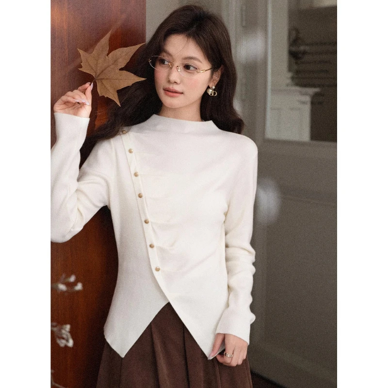 

ALXNAN футболка с длинными рукавами, асимметричный подол, металлические пуговицы, трикотаж с воротником-стойкой, осень-зима, мягкие тонкие топы с обычными плечами L58910