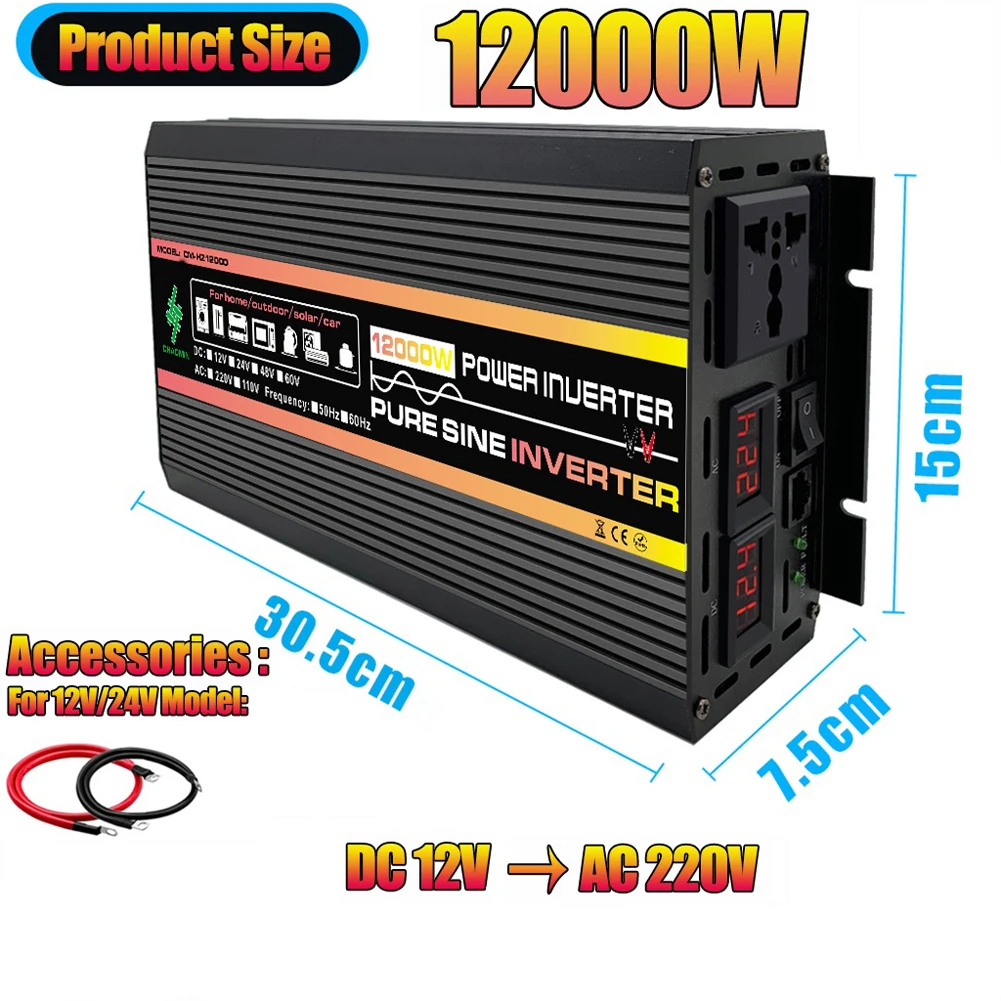 Pure Sine Wave Inverter 10000W/12000W LED Display Car Inverter Converter Voltage Transformer DC 12V to AC 220V 110V 3000-8000W