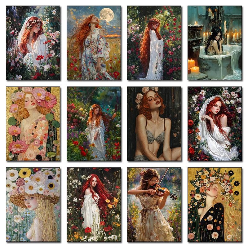 Victorian Abstract Woman Flower Fantasy Art Posters Prints Canvas Painting Wall Art Picture For Living Room Home Decor Frameless