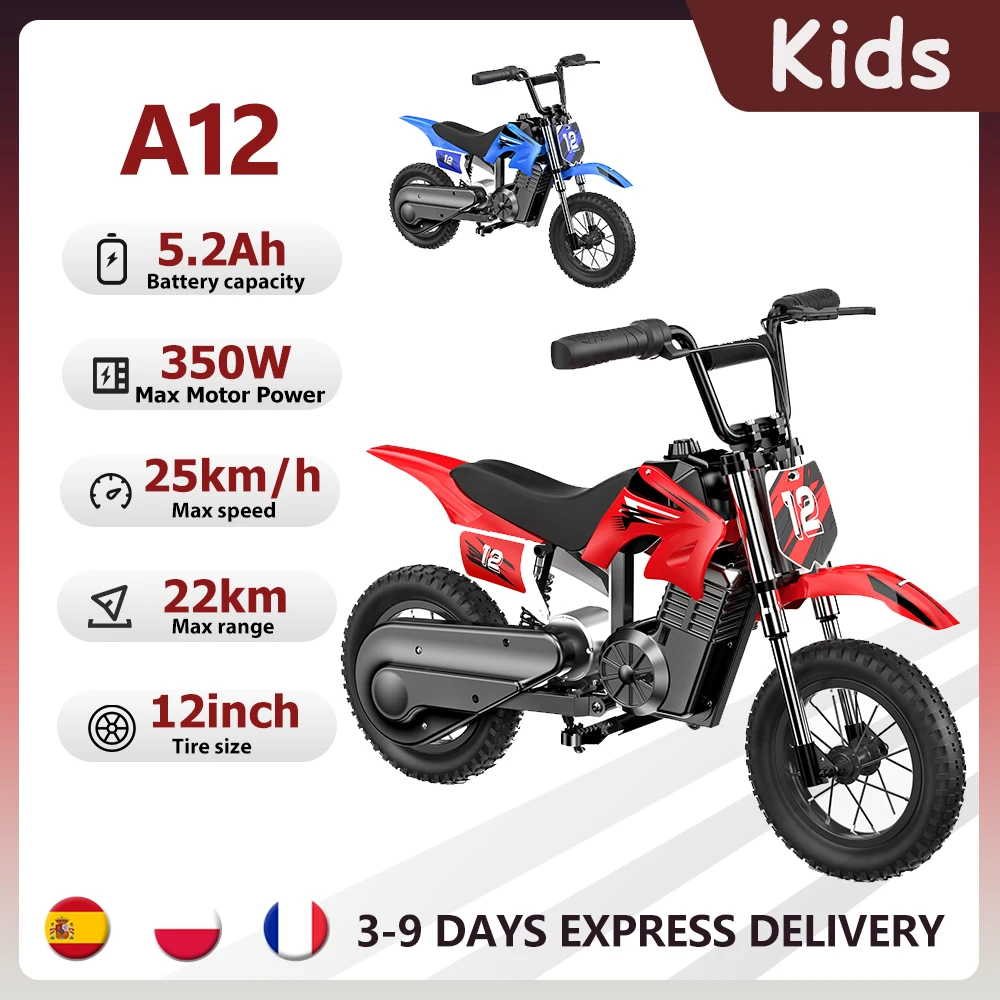 Moto électrique tout-terrain iScooter A12 pour enfants, 350W, 5.2Ah, vitesse maximale 25 km/h, roues de 12 pouces, pour la conduite hors route.