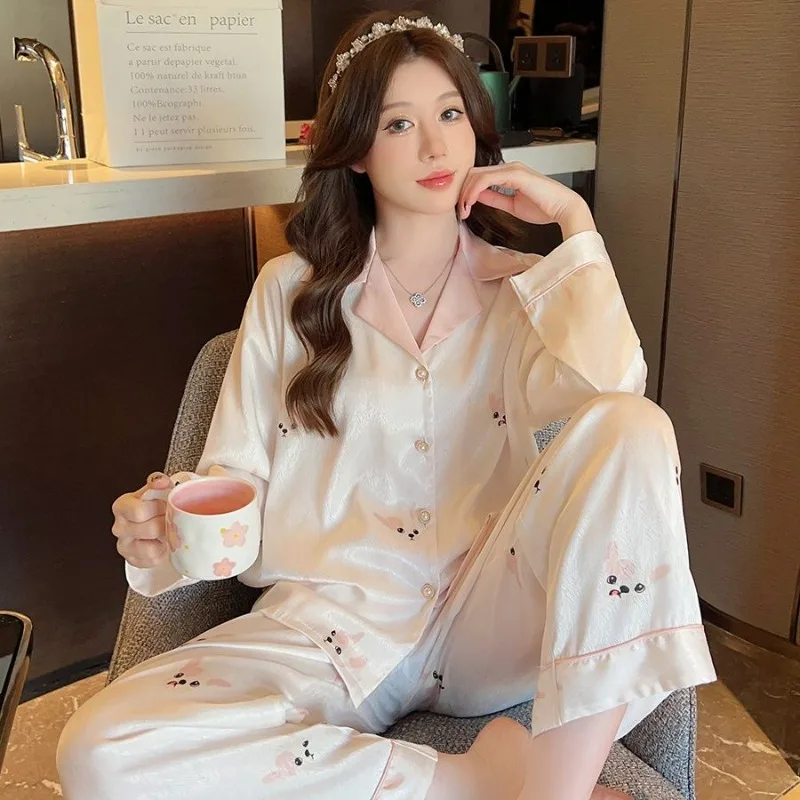 

Spring Autumn Pajamas Women Ice Silk Long Sleeve Cardigan Homewear Suit Female Loose Comfortable Thin Breathable Nightclothes