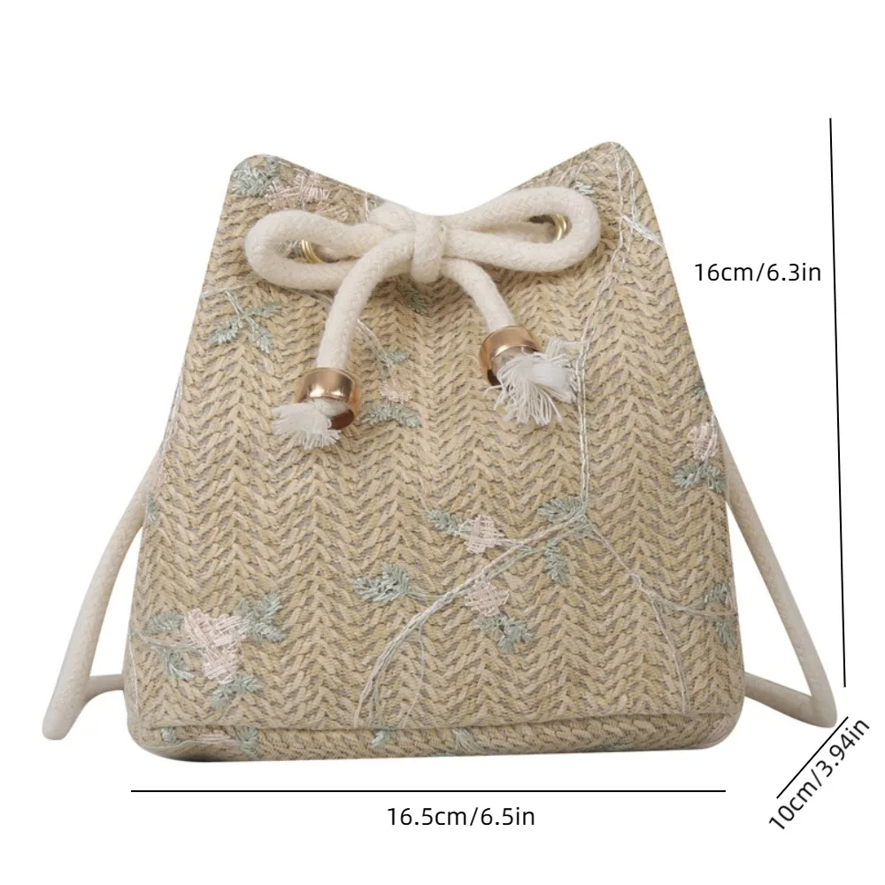 Flower Pattern Weave Crossbody Bag Practical Beige Khaki Drawstring Straw Bag Soft Flower Embroidery Bucket Bag Daily