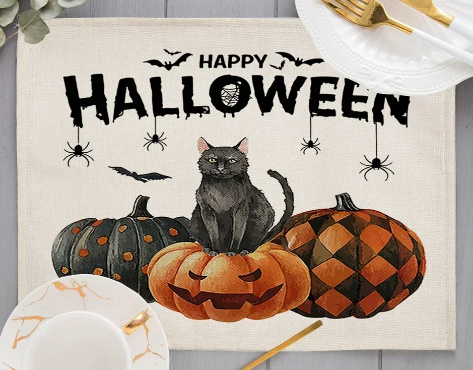 Halloween Linen Placemats New Trick or Treat Witch Cat Print Mats Bat Pumpkin Drink Pads for Home Party Kitchen Decor