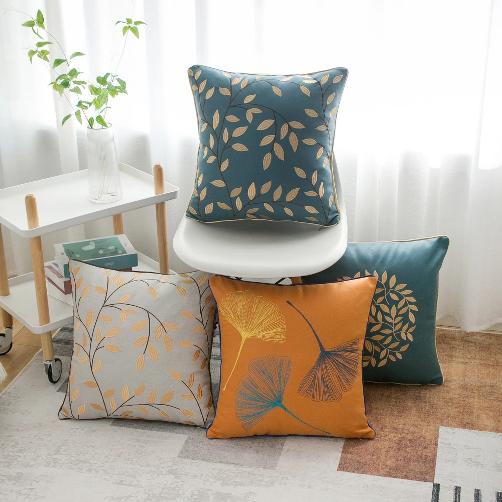 New Tech Cloth Leaf Embroidered Cushion Cover 45*45cm Nordic Light Luxury Pillowcase Yellow Blue Decorative Pillows for Sofa