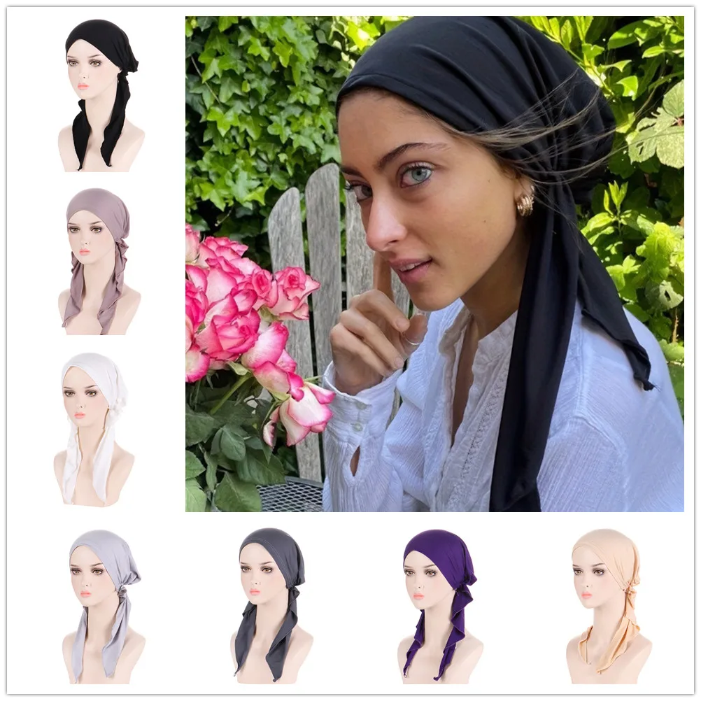 Solid Color Hijab Long Tail Turbans Casual Elastic Head Wraps Ramadan Beanies Hats Elastic Chemo Cap For Women