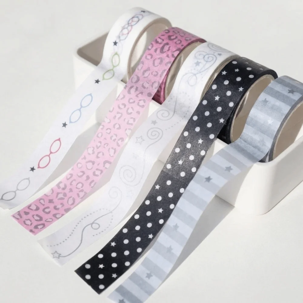 5pcs/set Funny Journal Collage Decorative Tape Roll Leopard Print Star Glasses Polka Dot Tape Set Easy Peel Cute Patterns