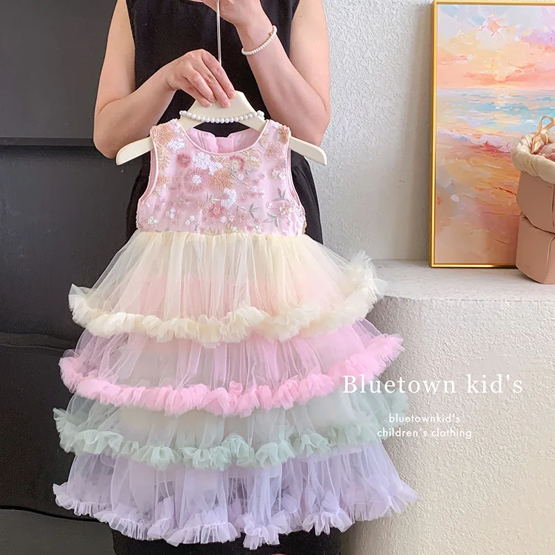 Girls Tank Top Dress 2025 Summer New Girls Elegant Mesh Puff Dress Children Princess Dress Fairy Children Clothing