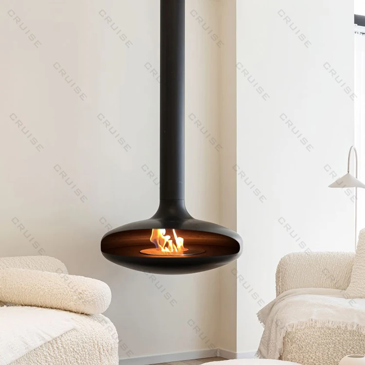 

Изготовленный на заказ диаметр углеродистой стали, черный внутренний потолочный камин, настоящий пожарный био-этанол, топливный подвесной камин