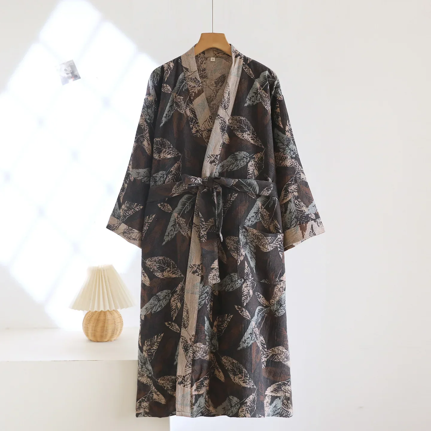 Dark Gray Color-Block Robes with Belt and Pocket for Men Autumn Thin Cotton Double-Layer Gauze Sweat Steaming Bathrobe