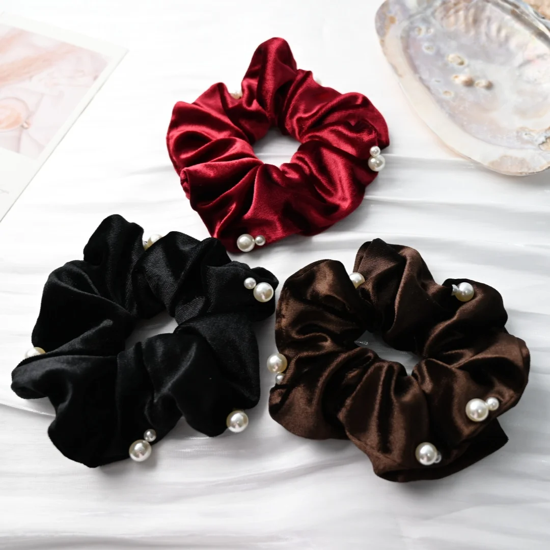 ربطات شعر مخملية سوداء للفتيات والنساء ربطات شعر مع إكسسوارات شعر من اللؤلؤ الاصطناعي أغطية رأس عصرية كورية #3